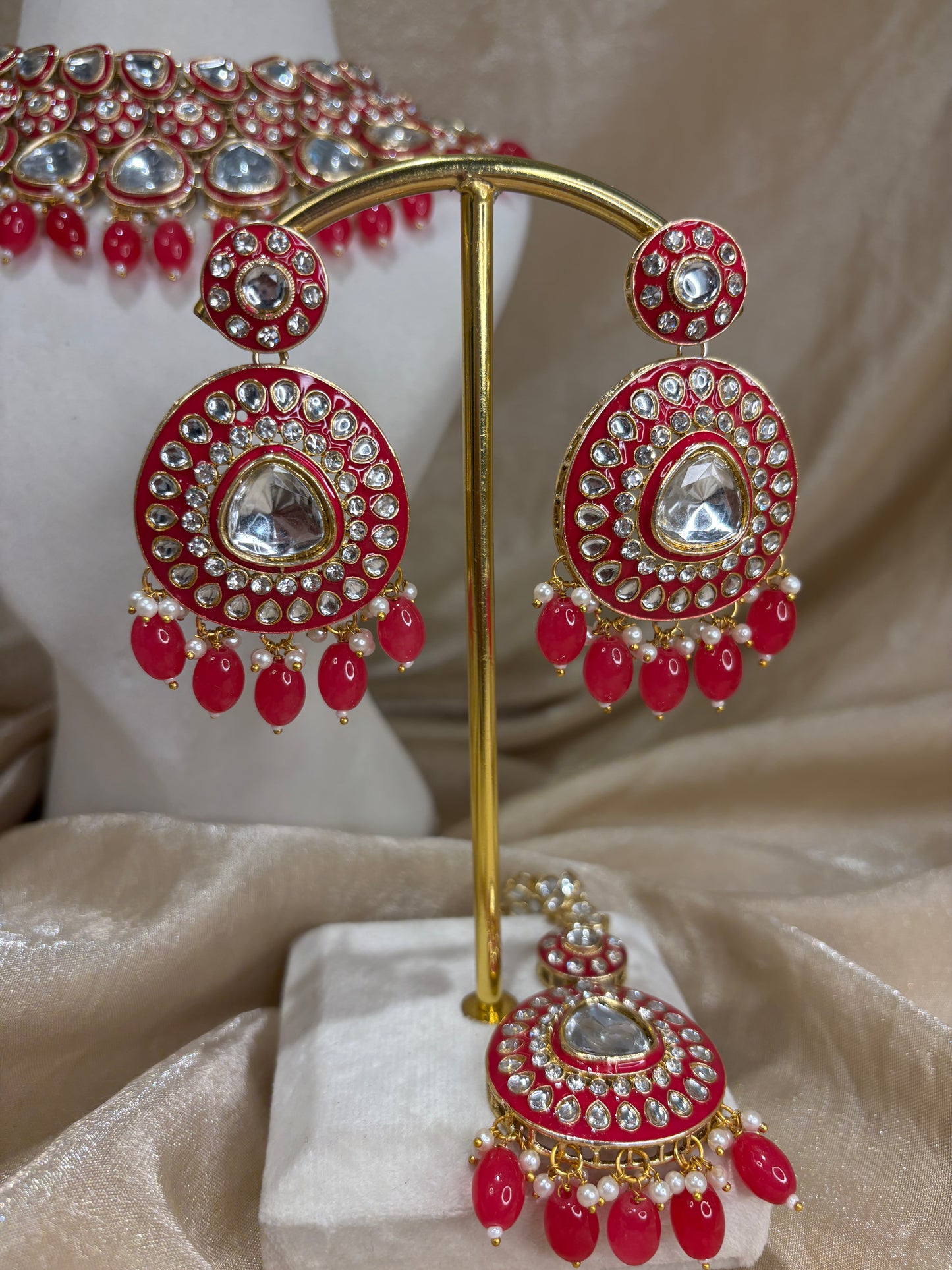 Hot pink uncut kundan necklace set
