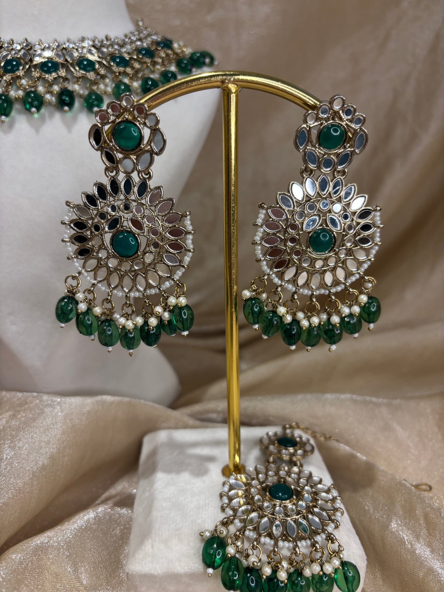 Emerald green mirror work necklace set