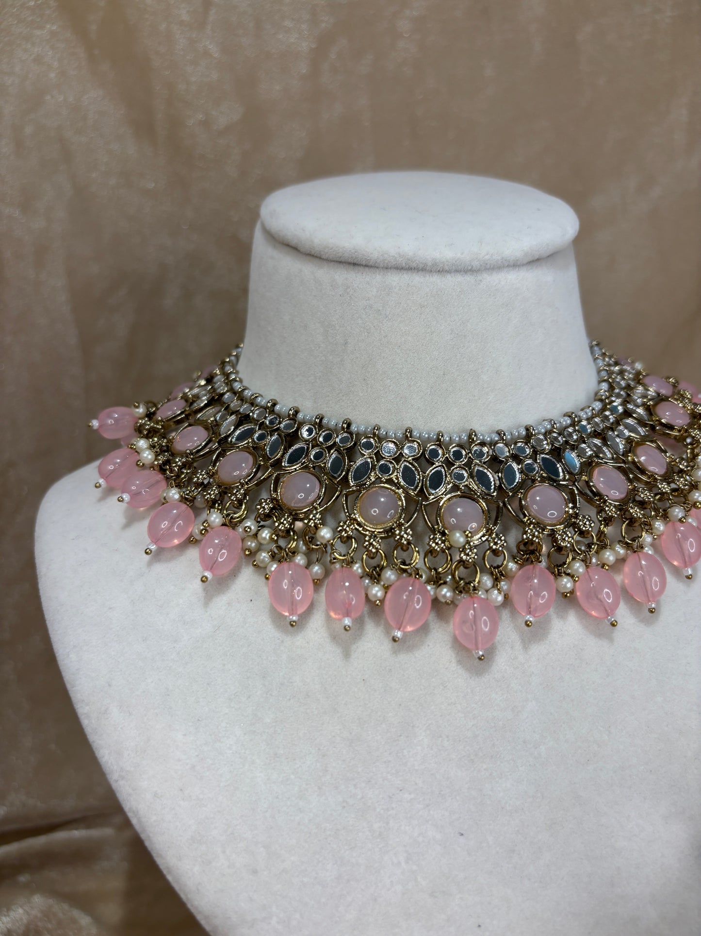 Baby pink mirror work necklace set