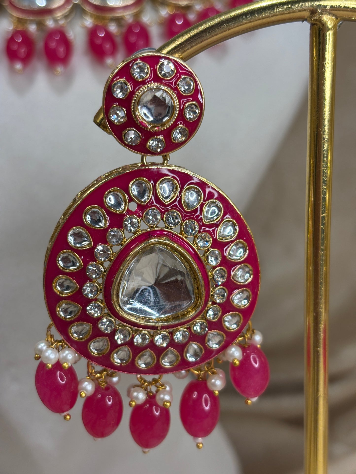 Hot pink uncut kundan necklace set