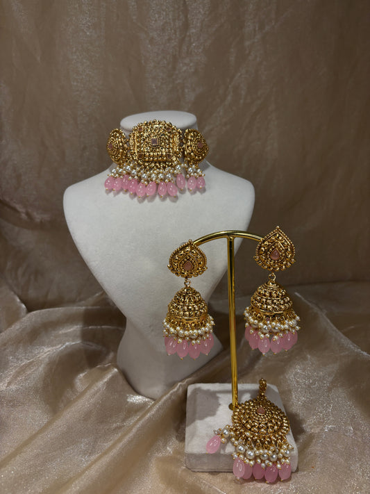 Baby pink antique gold choker set