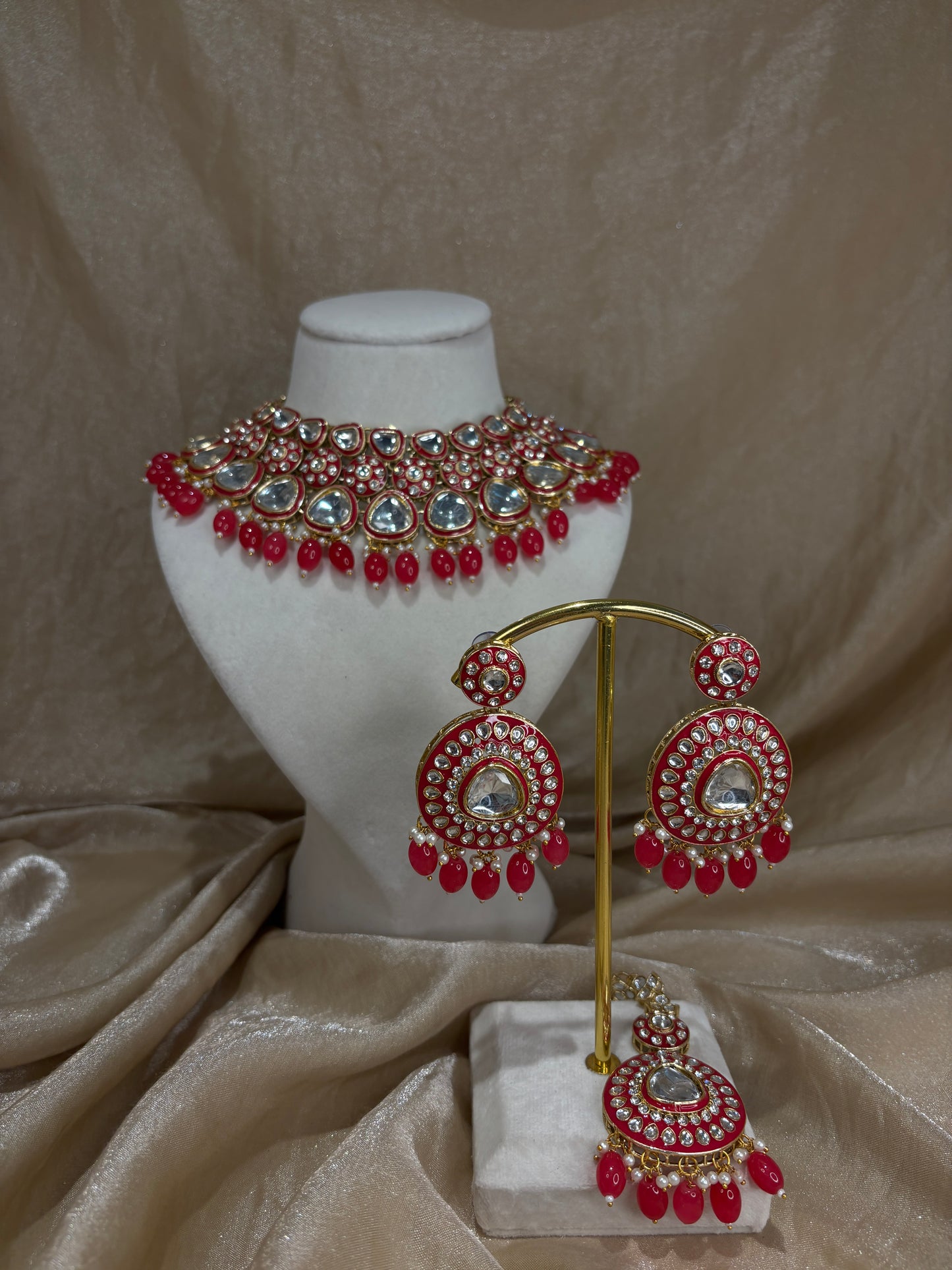 Hot pink uncut kundan necklace set