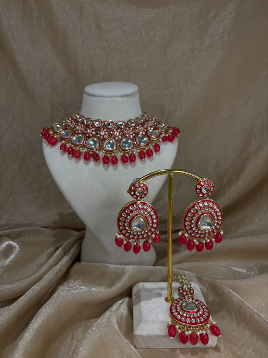 Hot pink uncut kundan necklace set