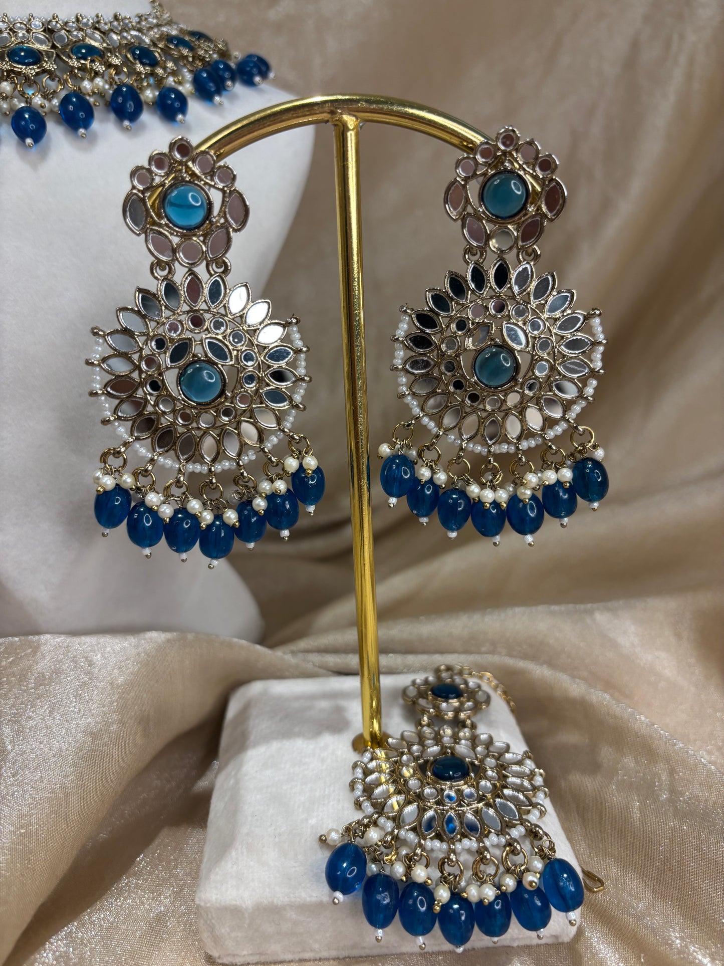 Royal blue mirror work necklace set
