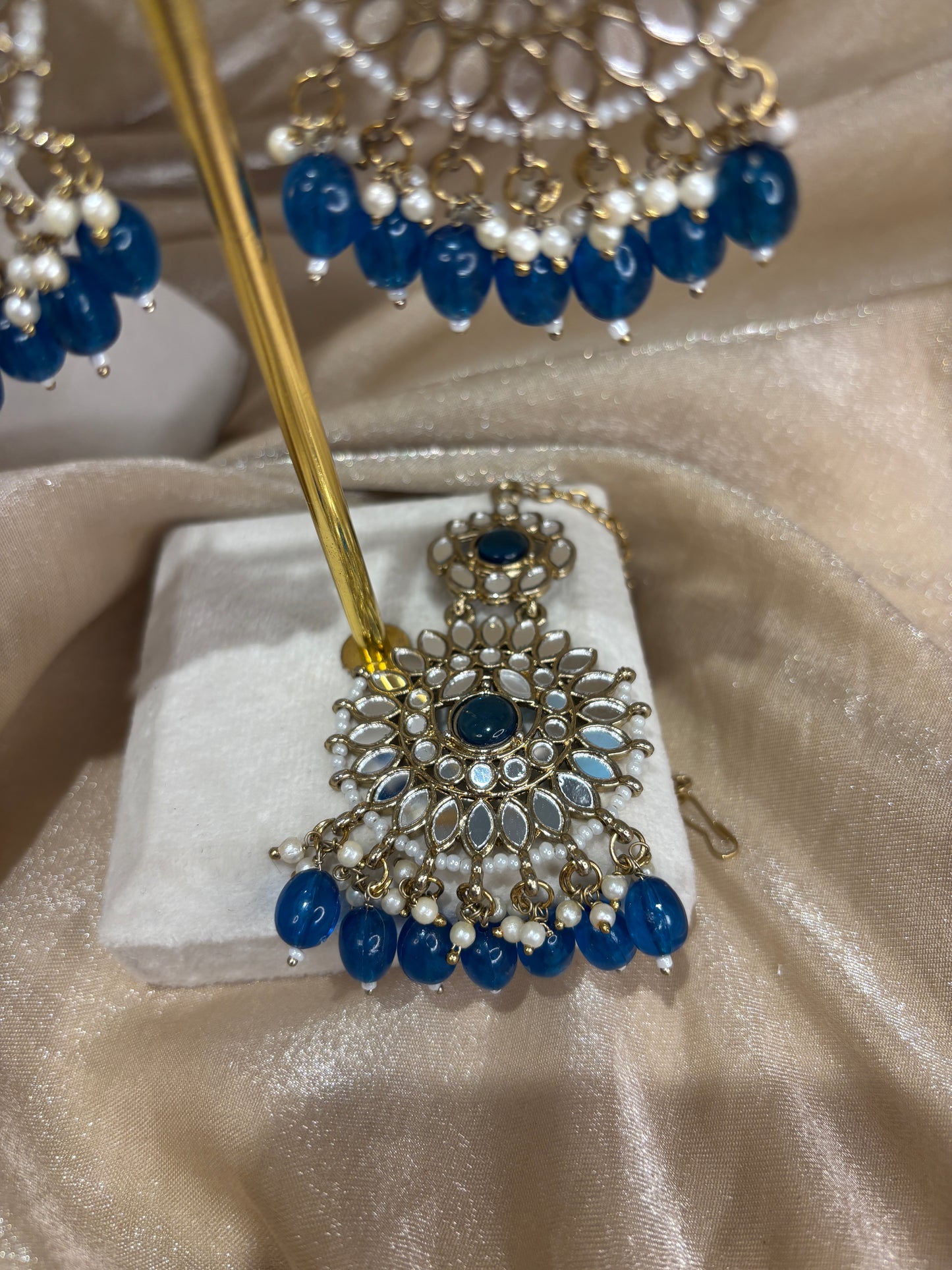 Royal blue mirror work necklace set
