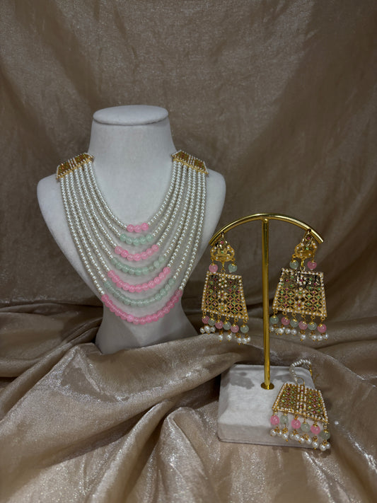 Mint green/baby pink jadau necklace set