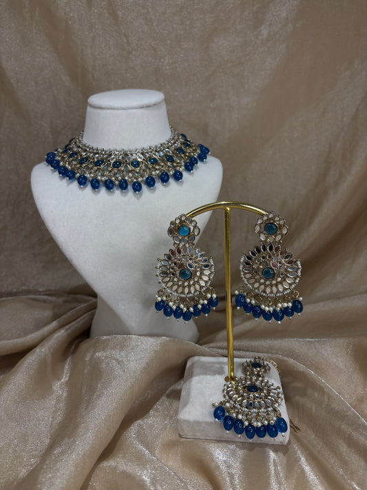 Royal blue mirror work necklace set