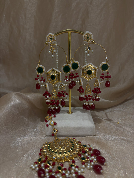 Maroon/emerald green thappa kundan earring/tikka set