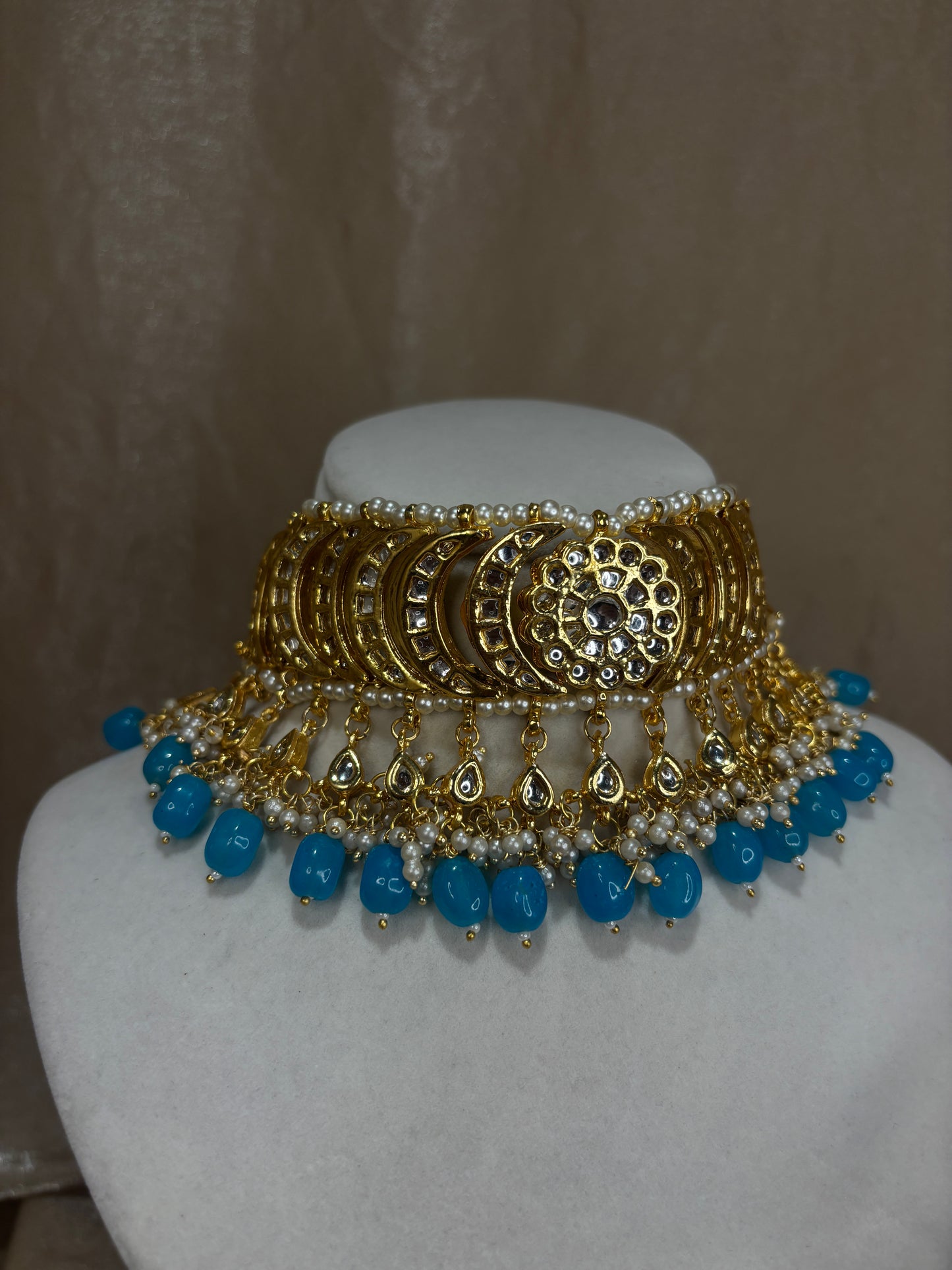 Sky blue kundan choker set