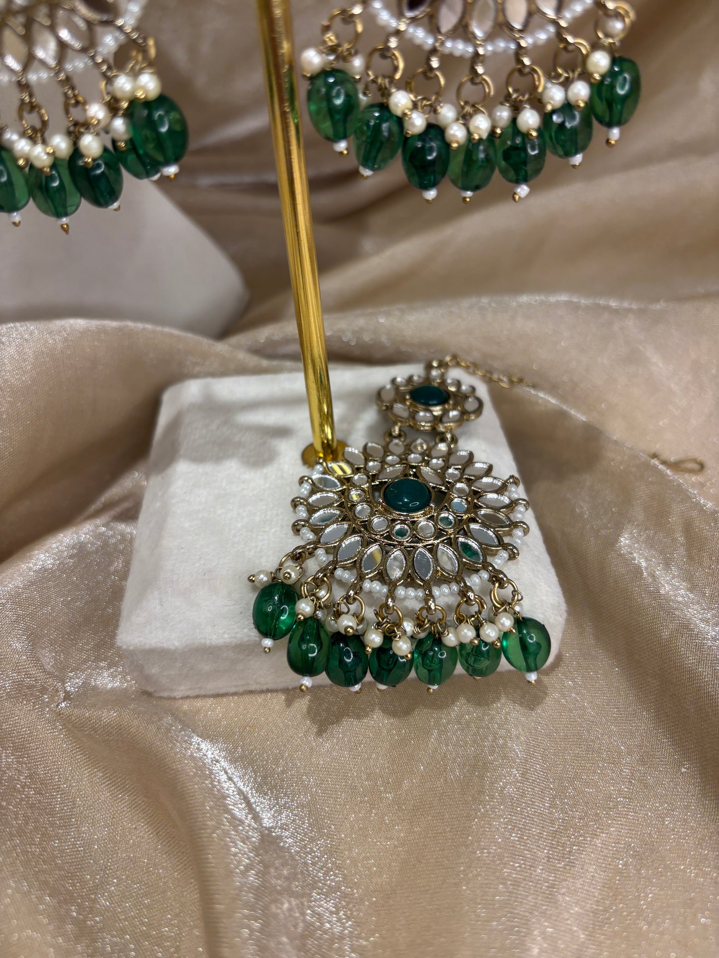 Emerald green mirror work necklace set