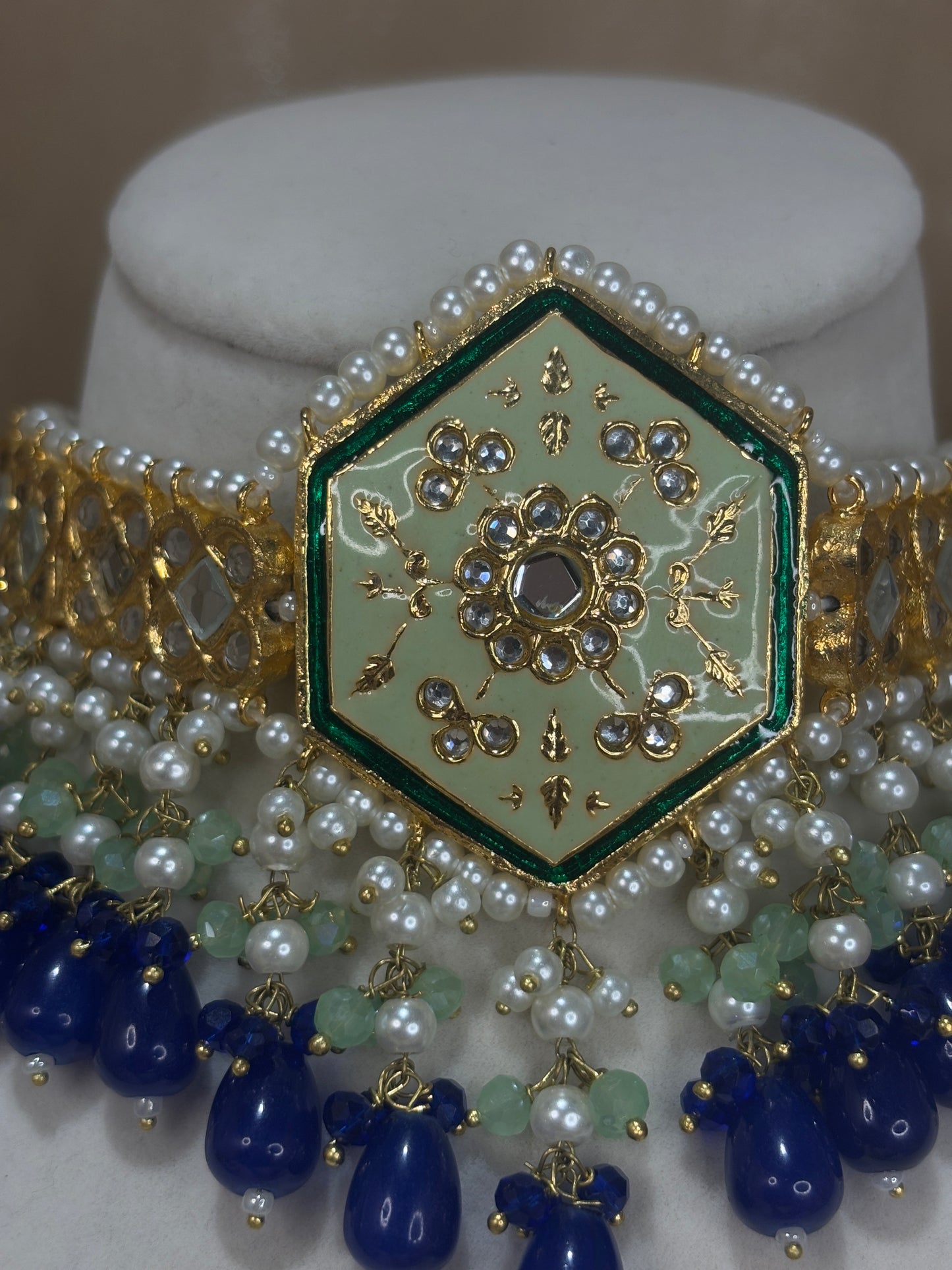 Royal blue and mint green thappa kundan set