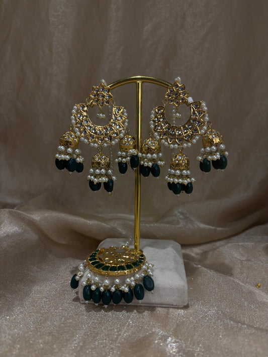 Emerald green thappa kundan earring/tikka set