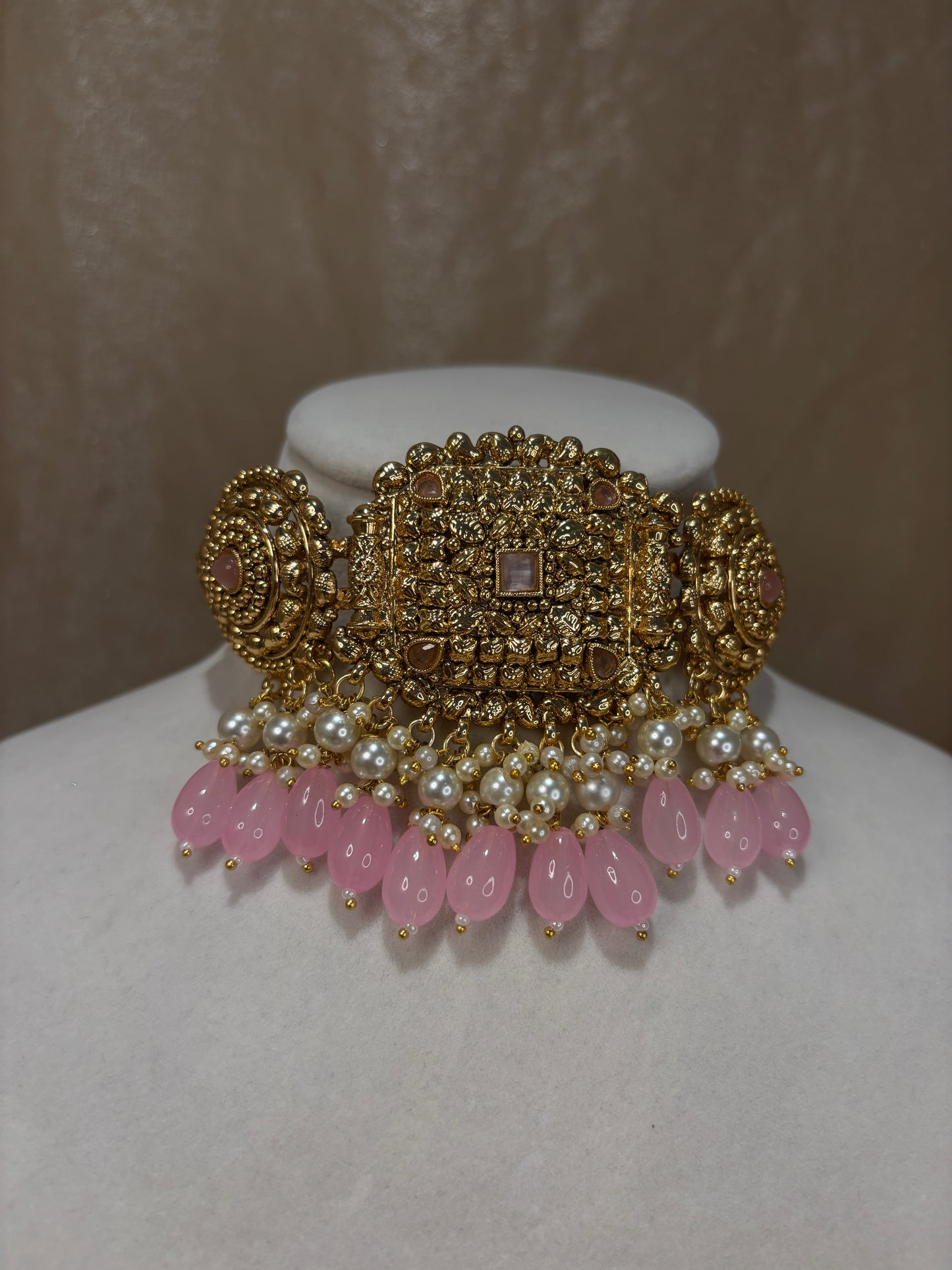 Baby pink antique gold choker set
