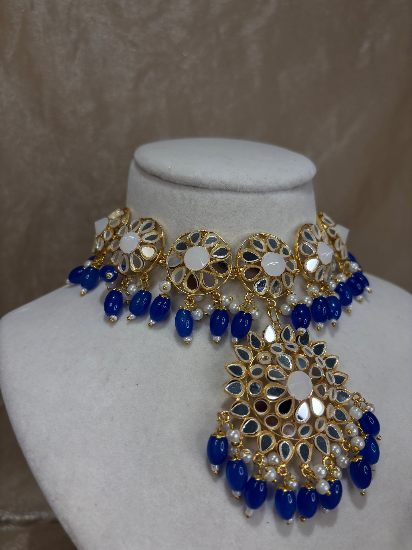 Royal blue mirror work choker set