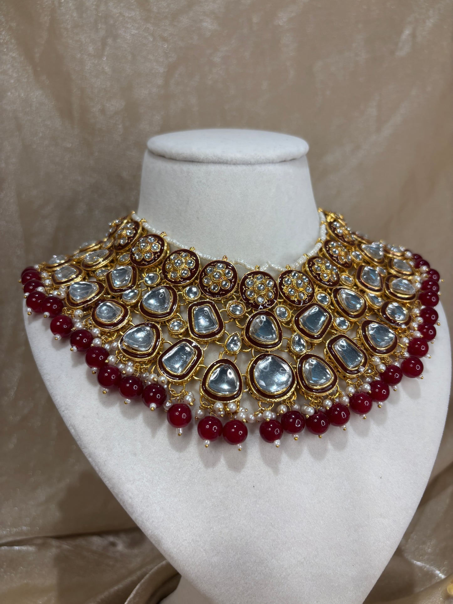 Maroon uncut kundan statement necklace set