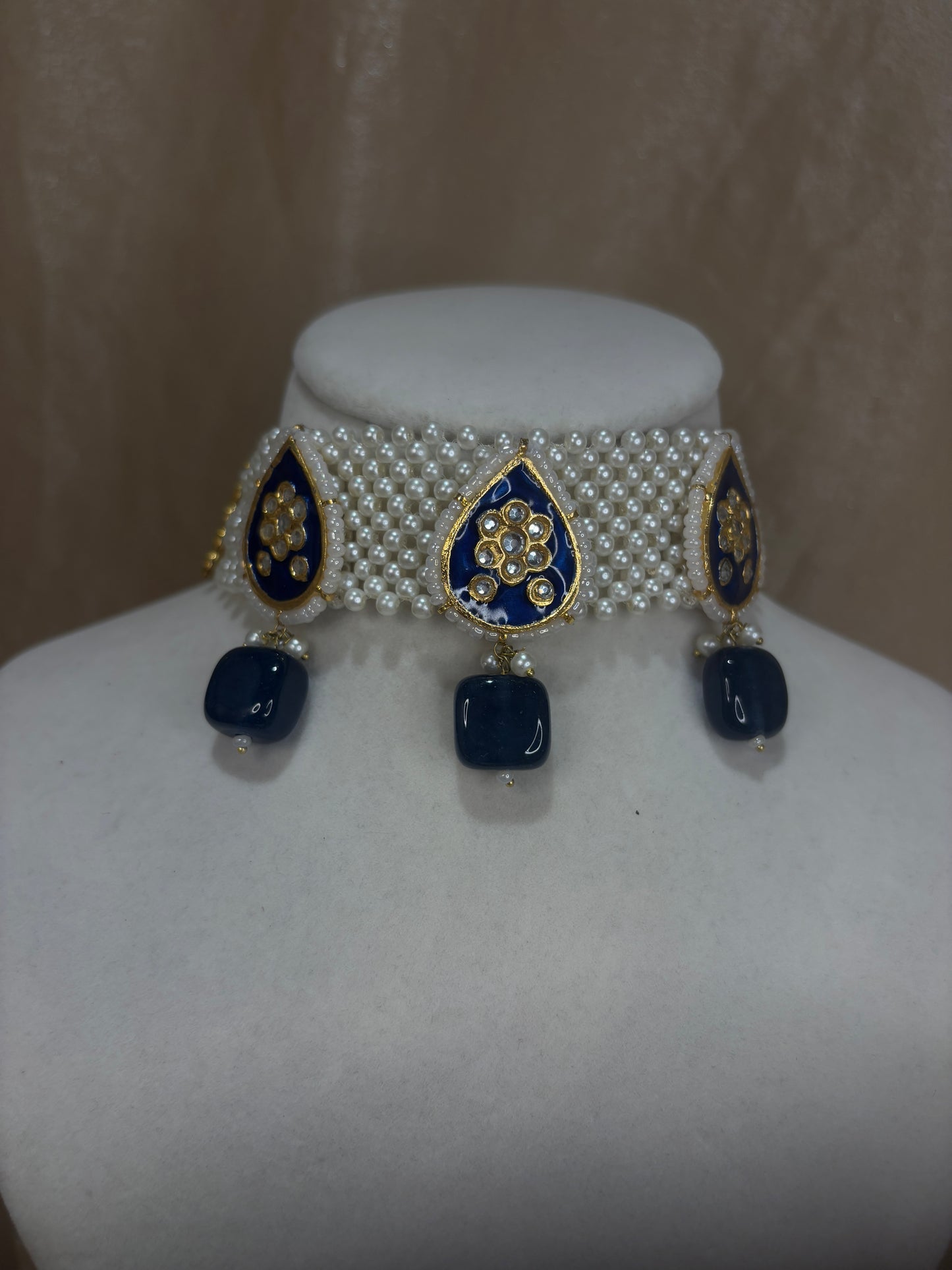 Royal blue thappa kundan set