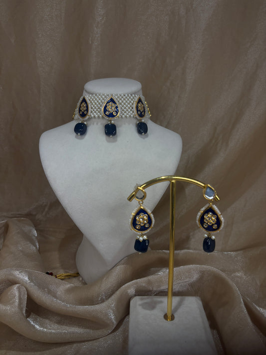 Royal blue thappa kundan set