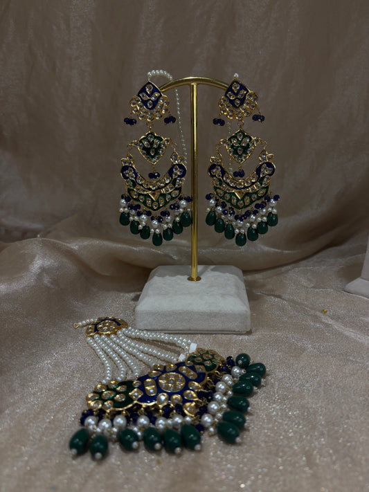 Navy blue/emerald green thappa kunda earring/passa set