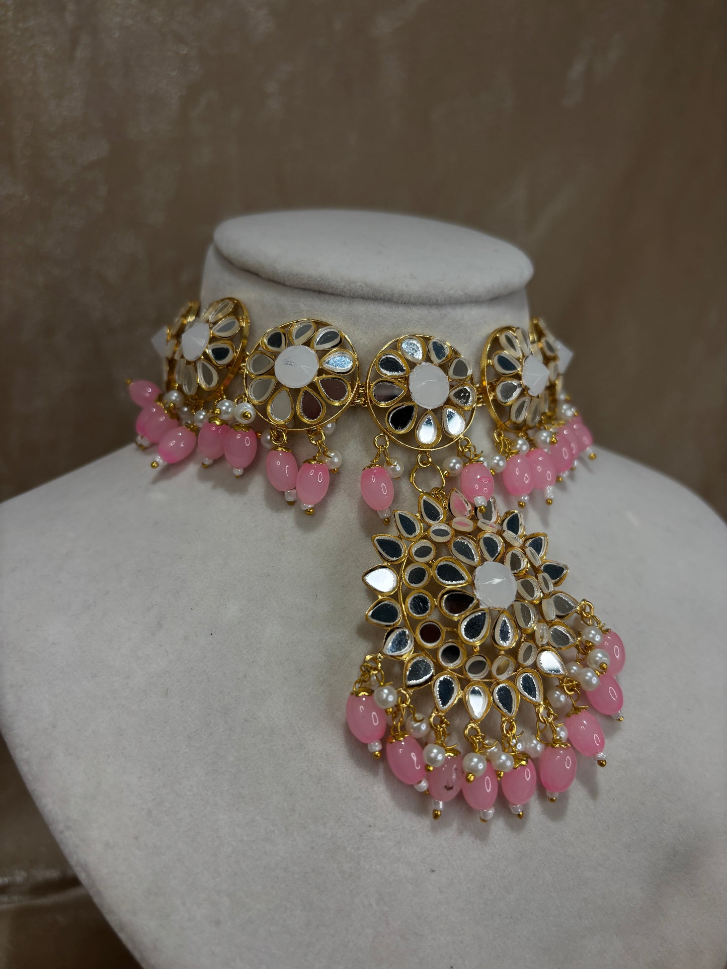 Baby pink mirror work choker set