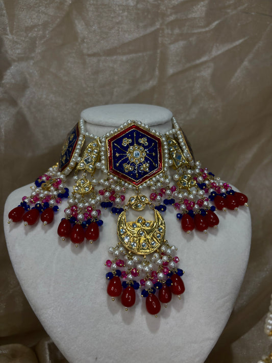 Navy/maroon/hot pink thappa kundan choker set