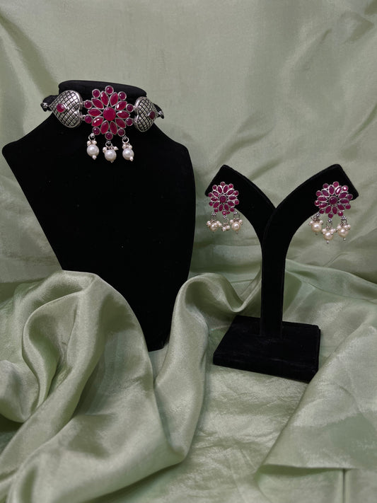 Hot pink oxidized choker set