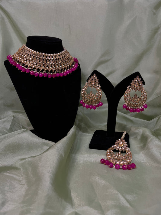 Hot pink white kundan necklace set