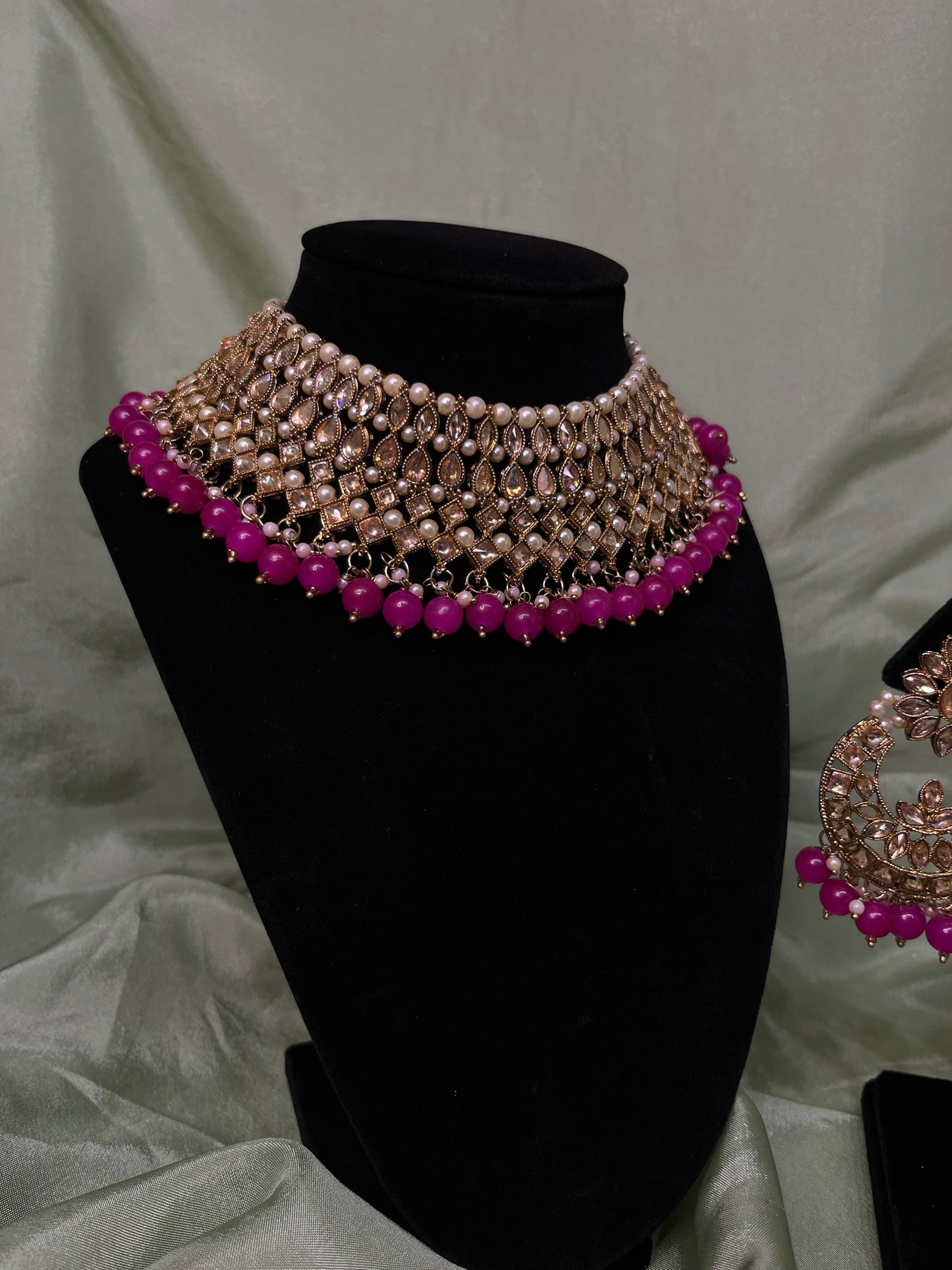 Hot pink white kundan necklace set