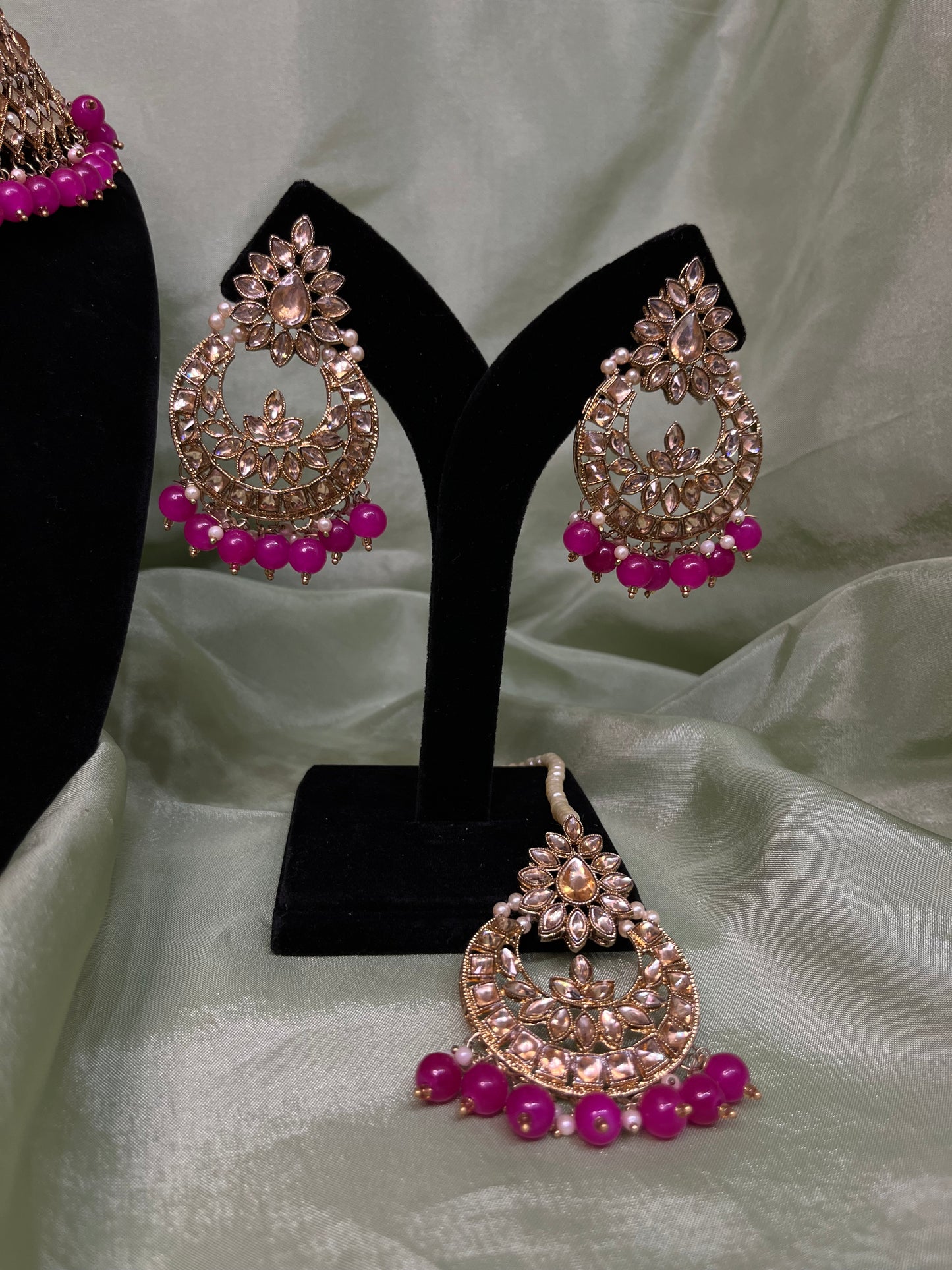 Hot pink white kundan necklace set