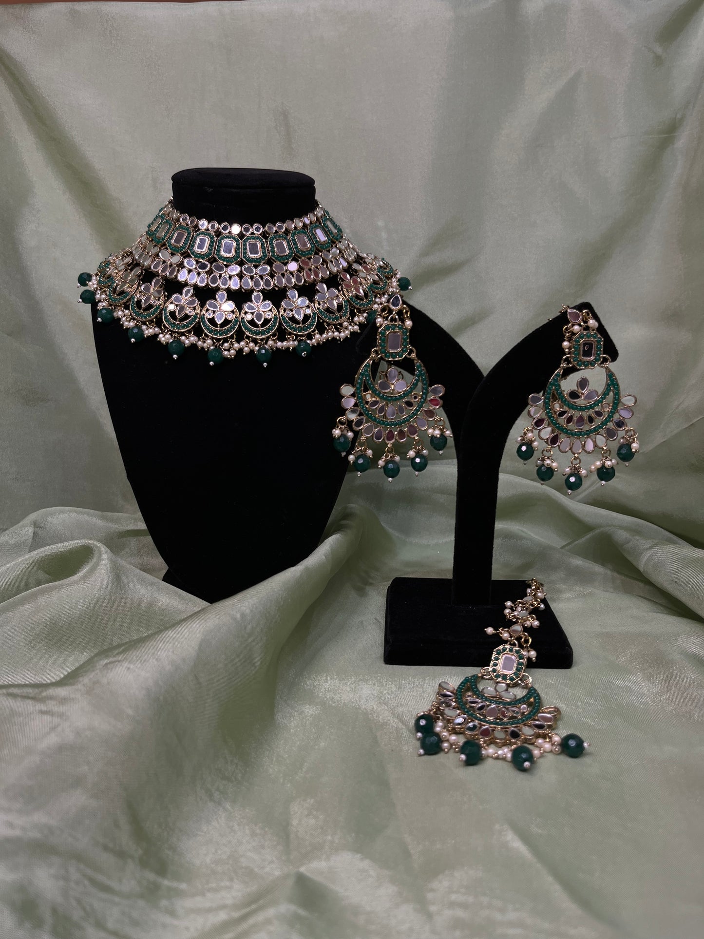 Emerald green bridal mirror work set