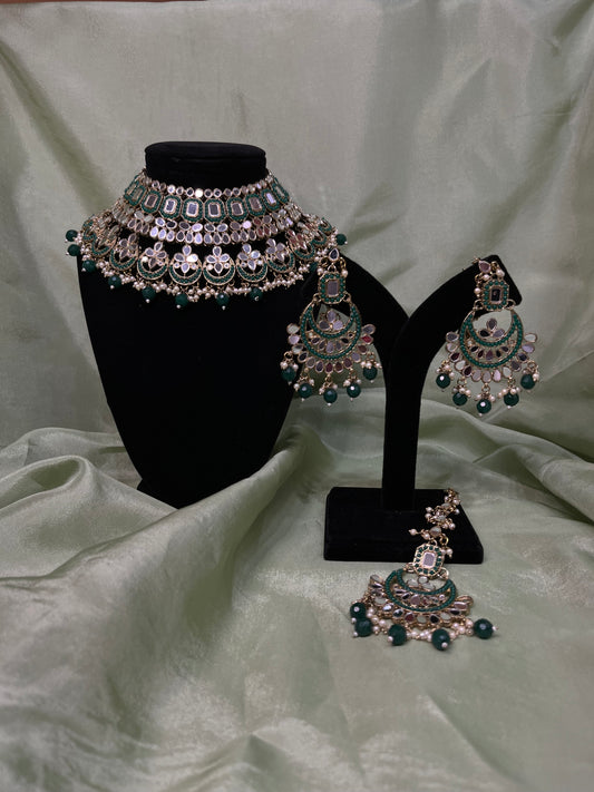 Emerald green bridal mirror work set