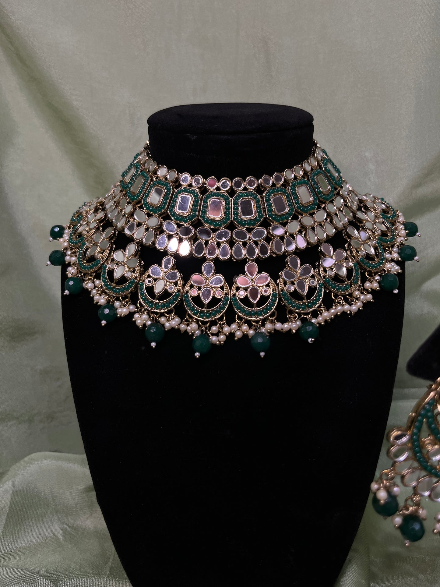 Emerald green bridal mirror work set