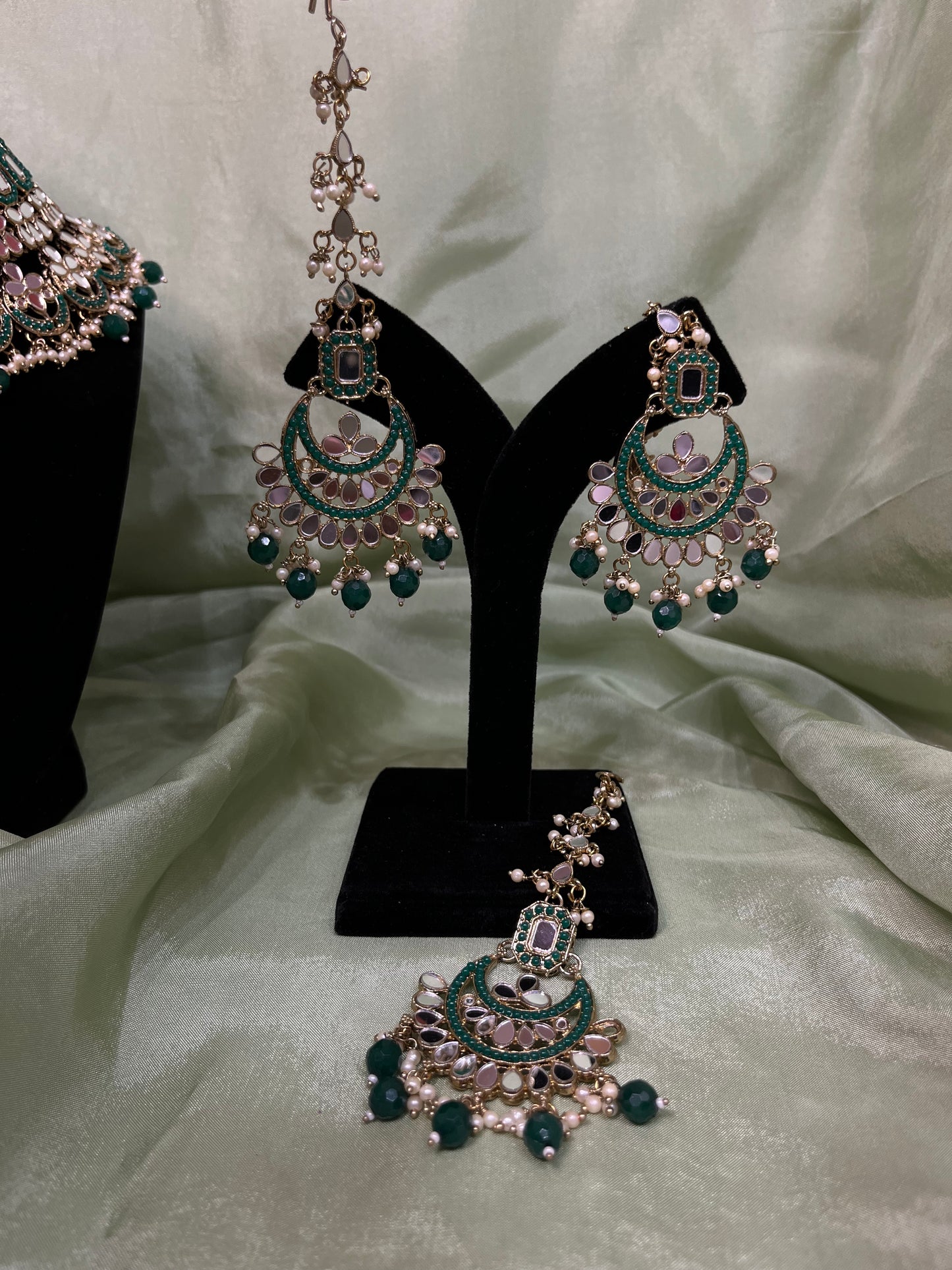Emerald green bridal mirror work set