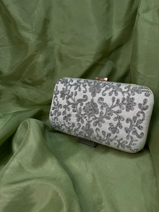 Silver embroidery clutch