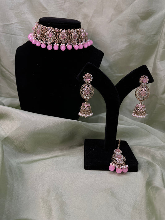 Baby pink mirror work choker set