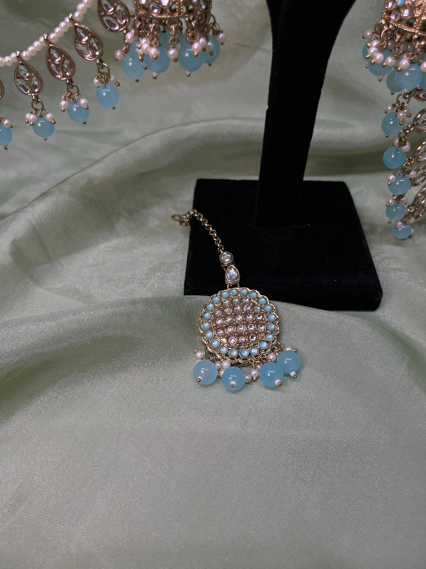 Light blue jhumki/tikka with sahare