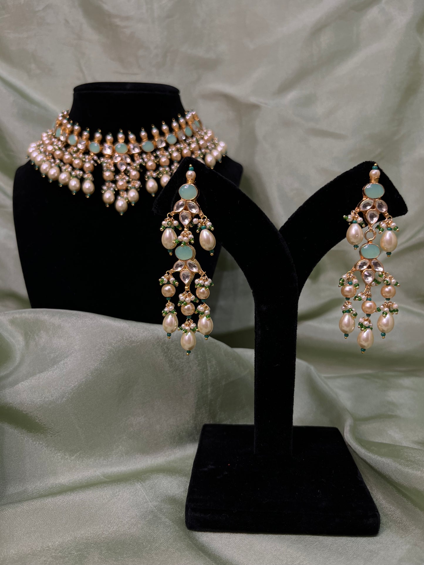Heavy mint green pachi kundan choker set