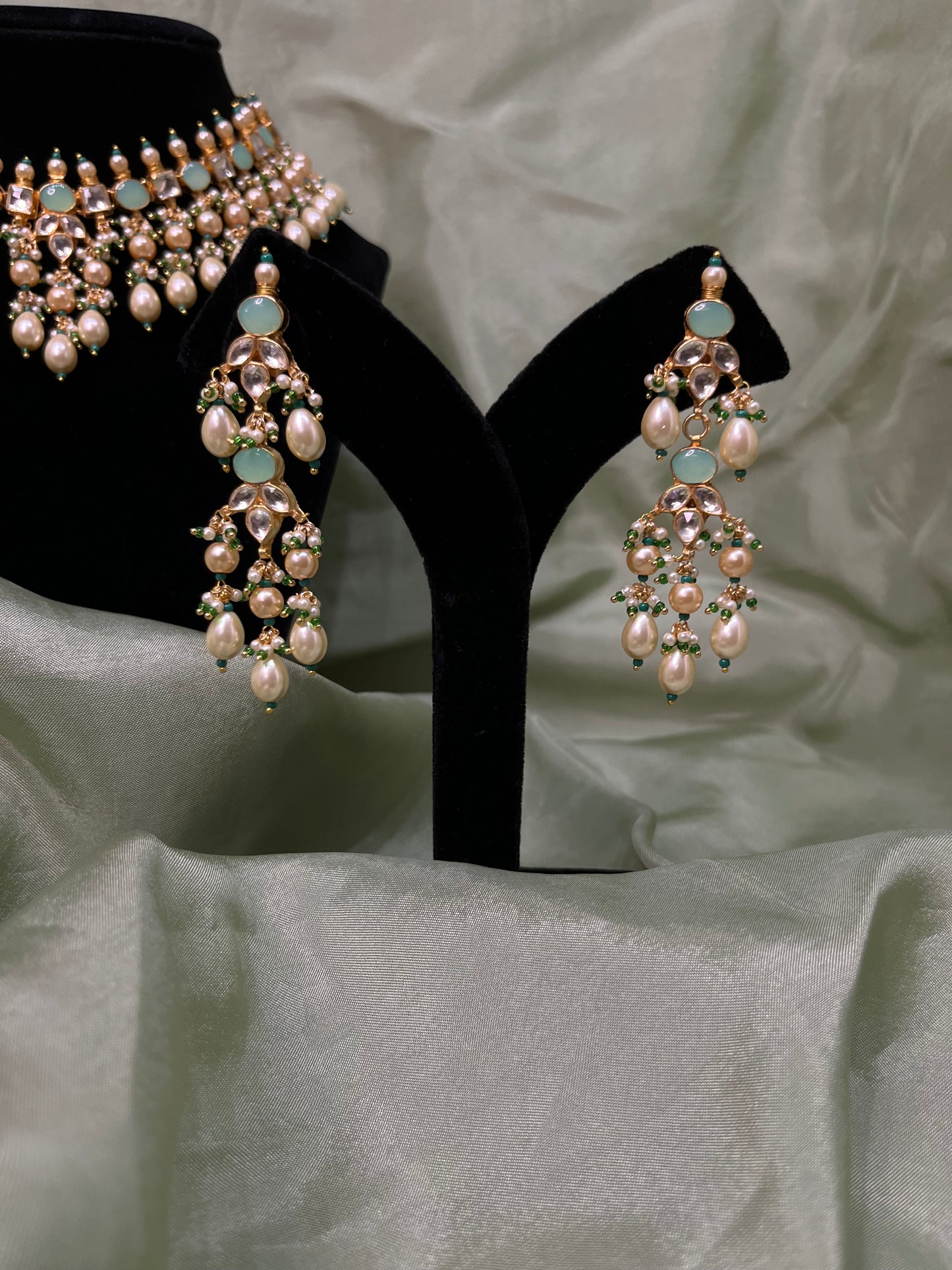Heavy mint green pachi kundan choker set