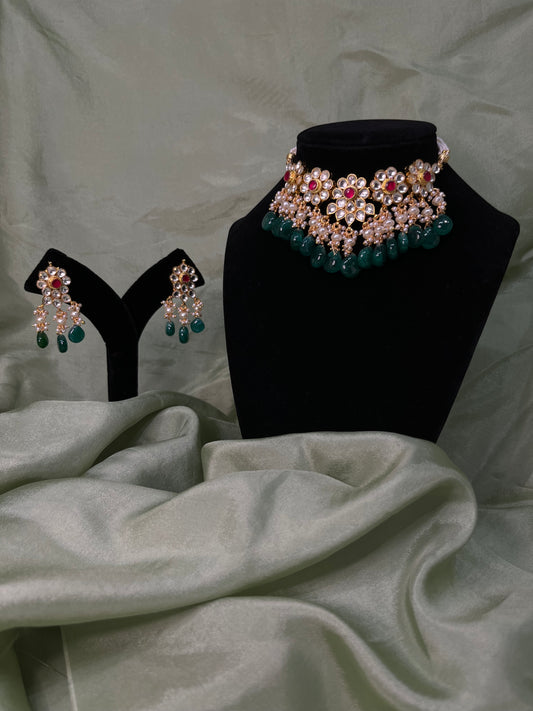 Emerald green and red pachi kundan choker set