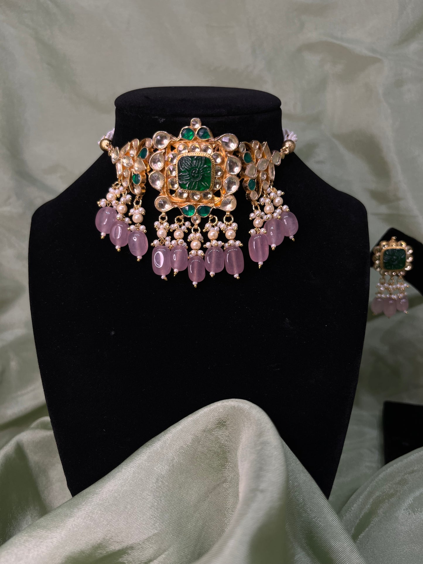 Emerald green and dusty pink pachi kundan choker set