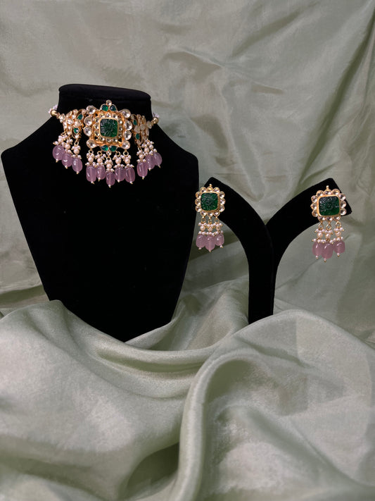 Emerald green and dusty pink pachi kundan choker set