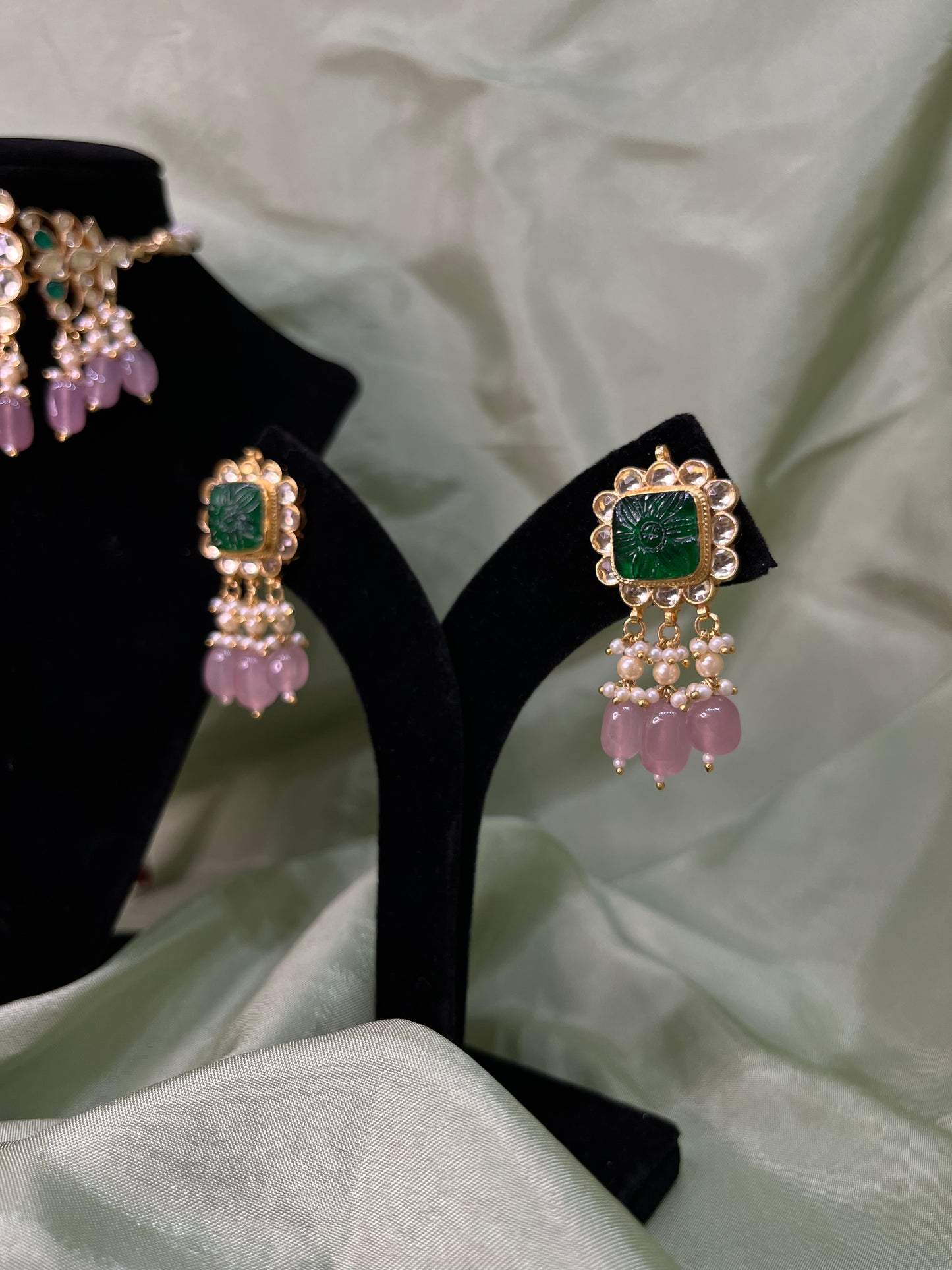 Emerald green and dusty pink pachi kundan choker set