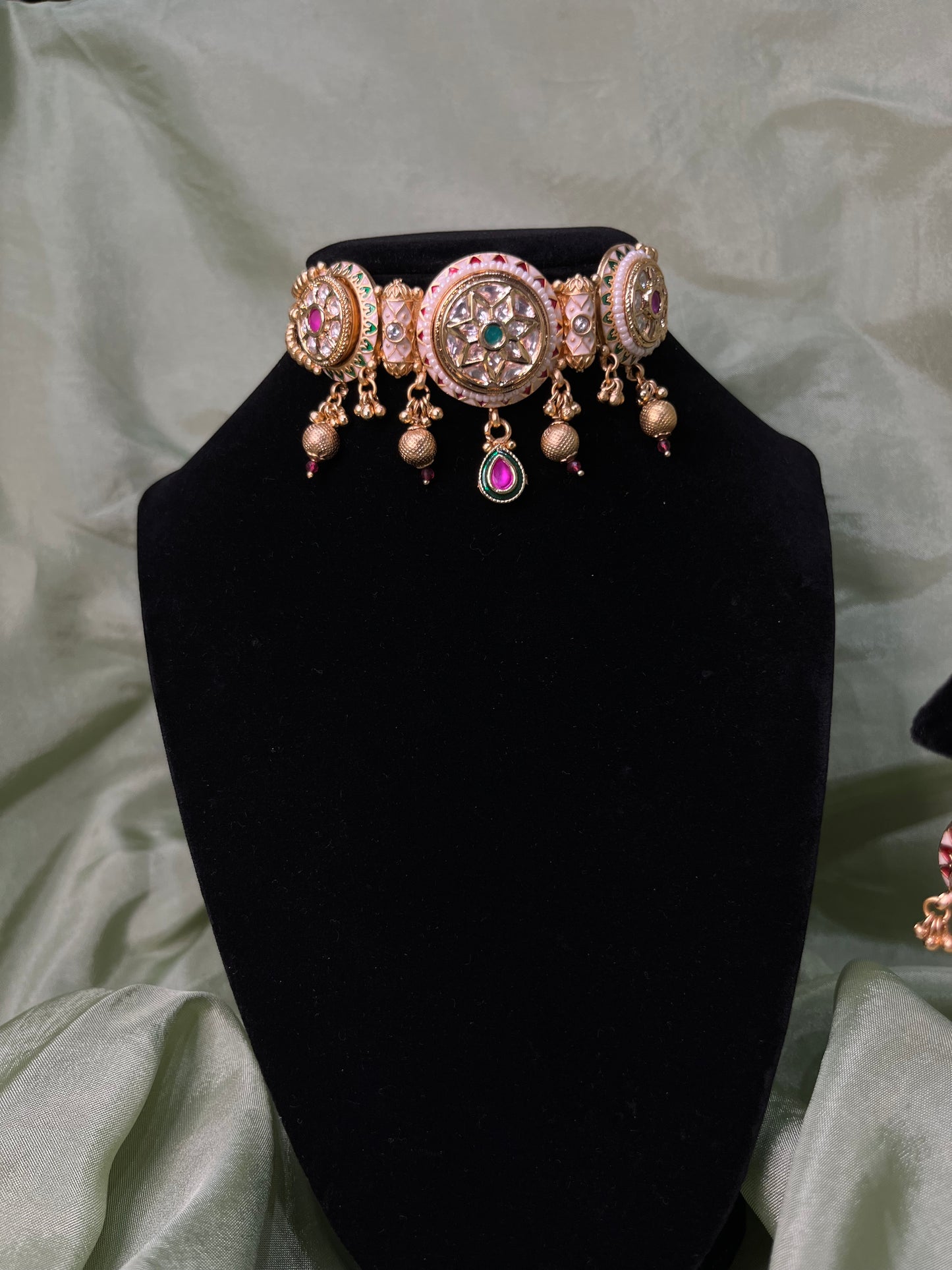 Emerald green and hot pink Tiyani kundan choker set