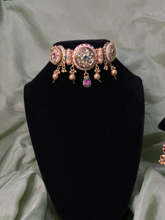 Emerald green and hot pink Tiyani kundan choker set