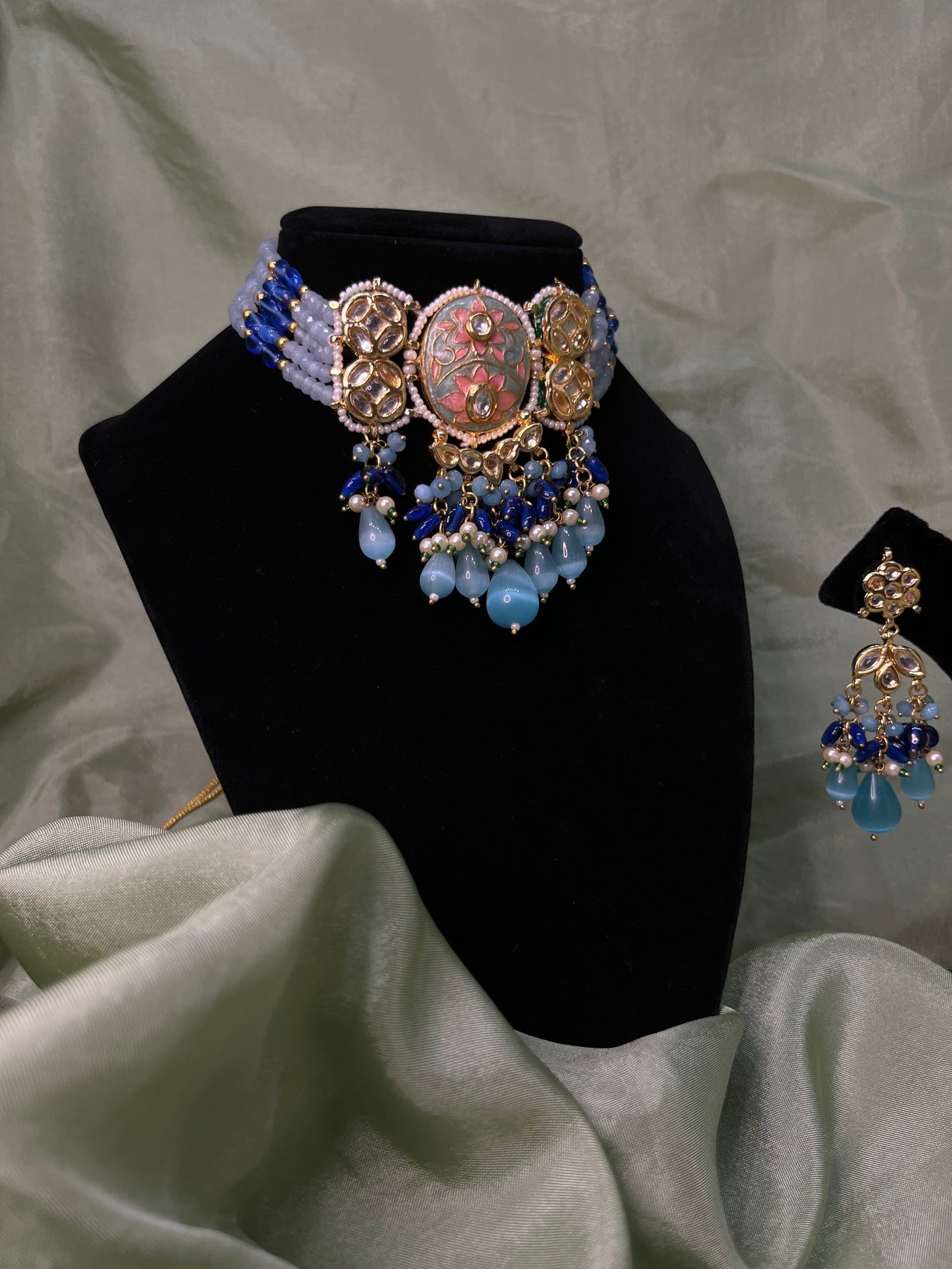 Light blue and Royal blue meenakari tiyani kundan choker