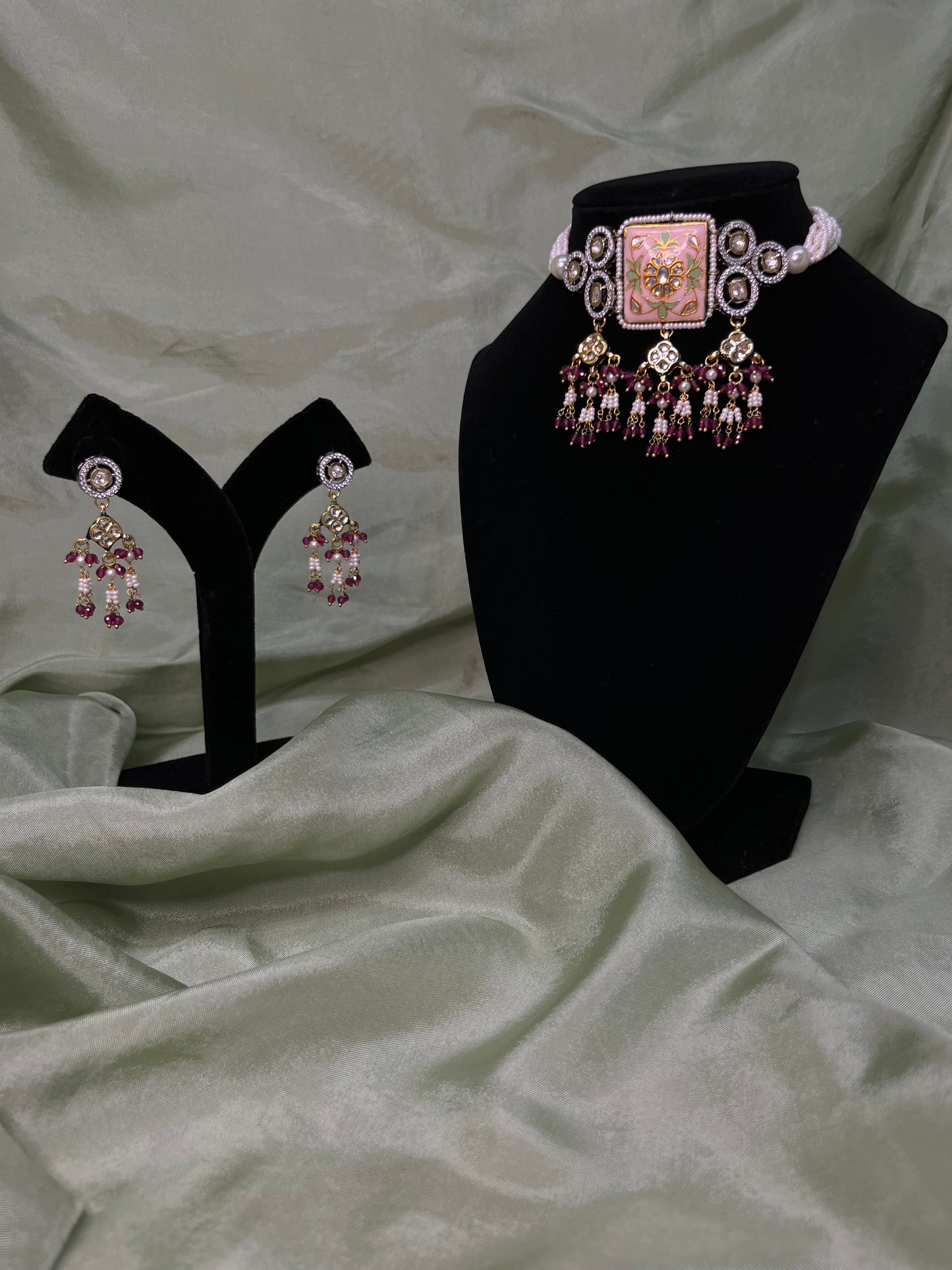 Maroon and baby pink Tiyani kundan choker set