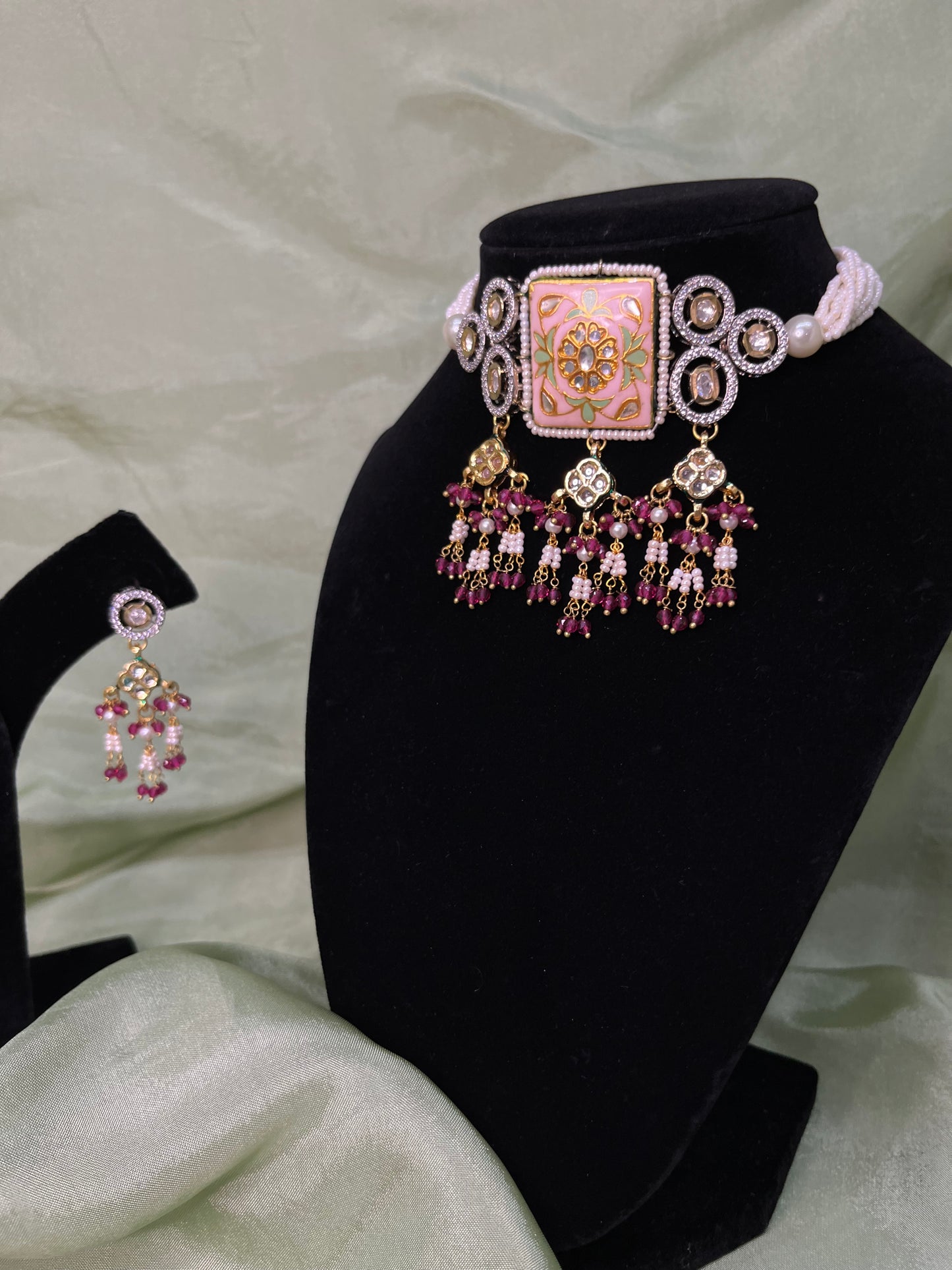Maroon and baby pink Tiyani kundan choker set