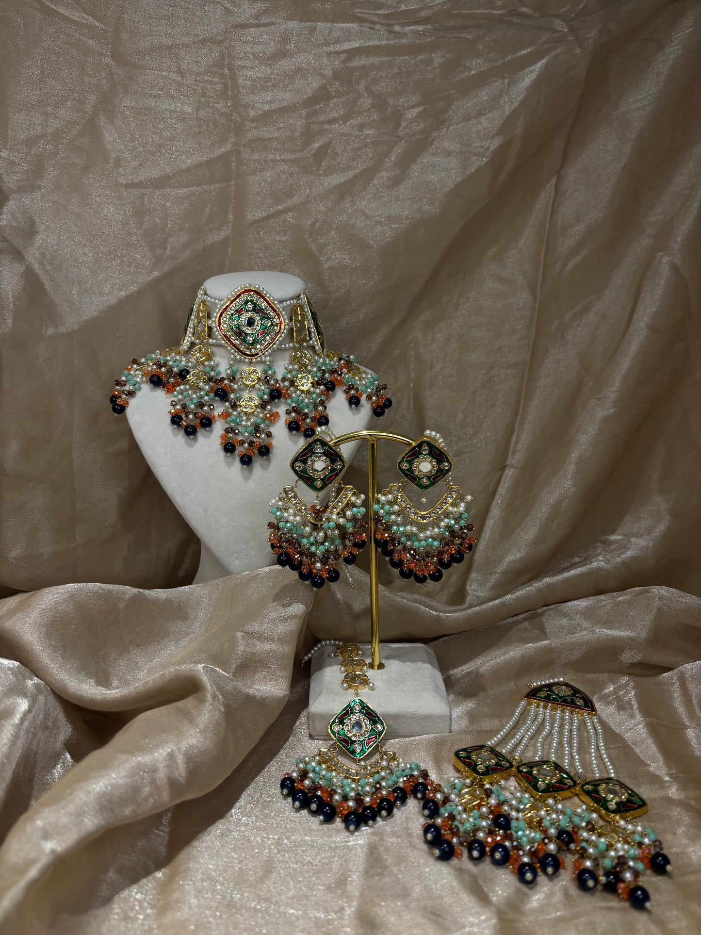 Green/navy blue/orange thappa kundan choker set