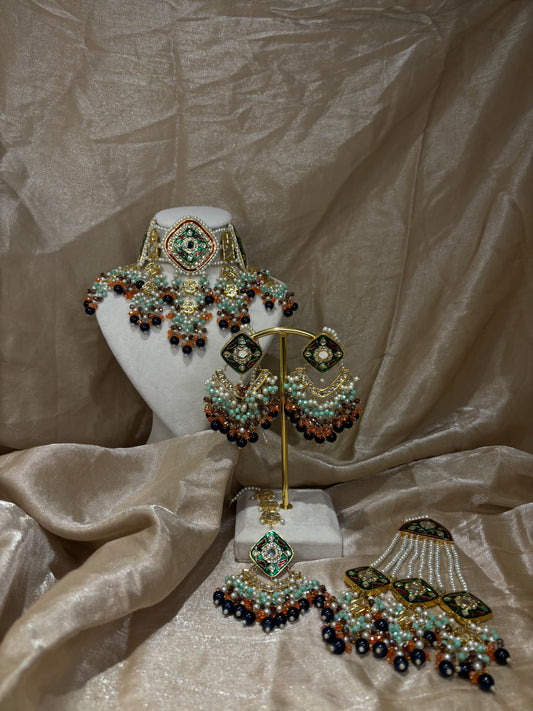Green/navy blue/orange thappa kundan choker set