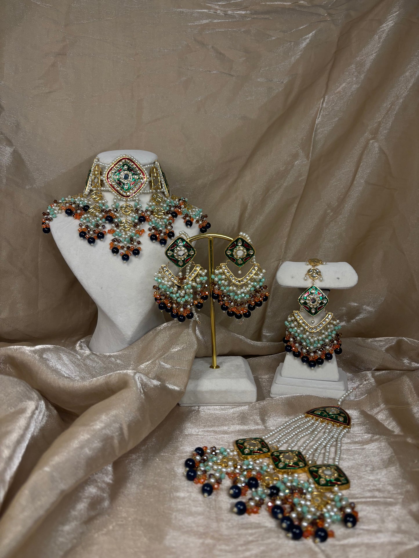 Green/navy blue/orange thappa kundan choker set