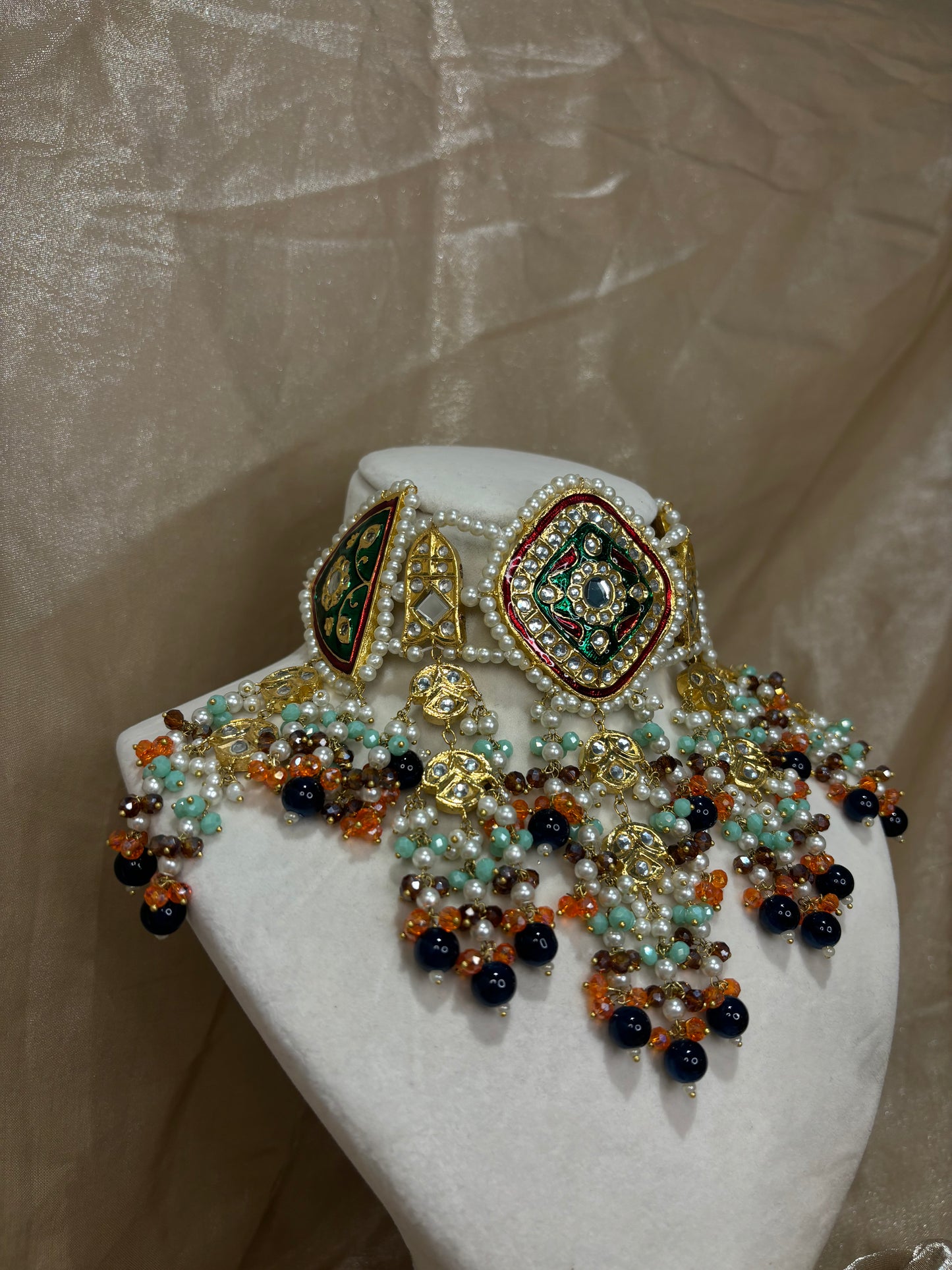 Green/navy blue/orange thappa kundan choker set